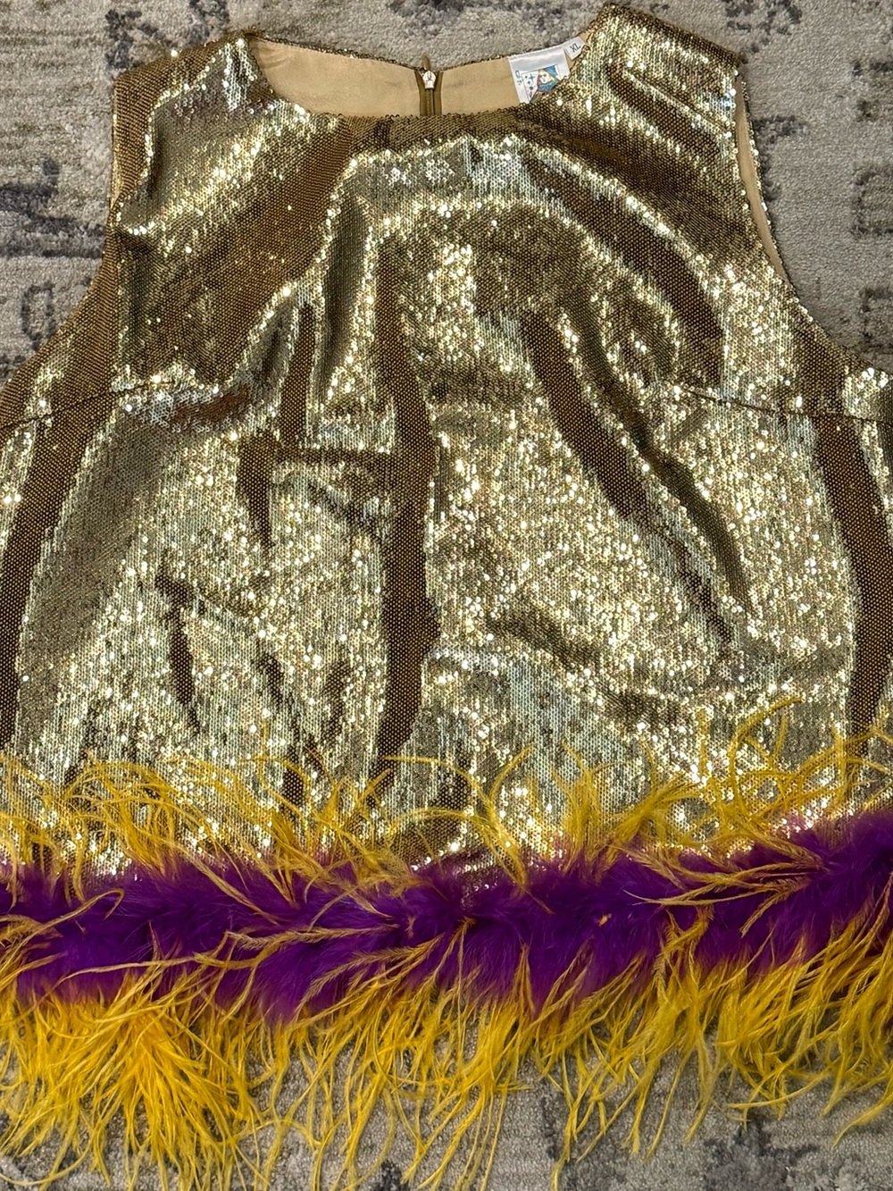 QUEEN OF SPARKLES Gold Sequin Feather Trim Sleeveless Top (Purple & Yellow Trim)